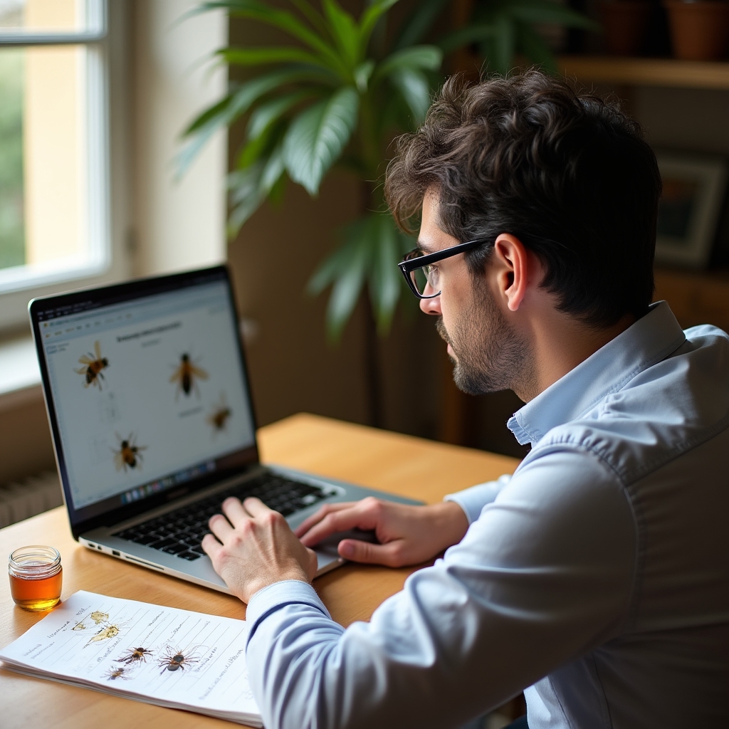 Partecipante al corso che studia materiali di apicoltura urbana su laptop a casa