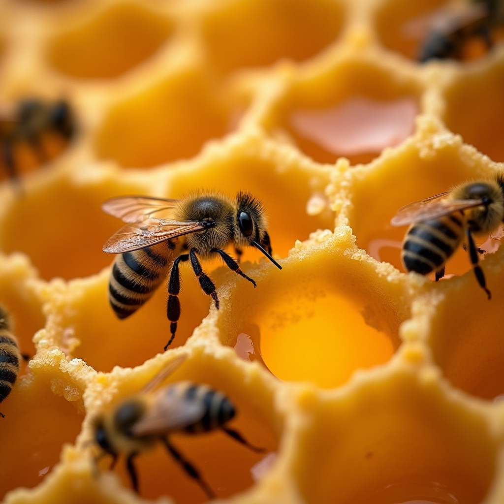 Favo di miele naturale con celle di cera dorata in dettaglio ravvicinato