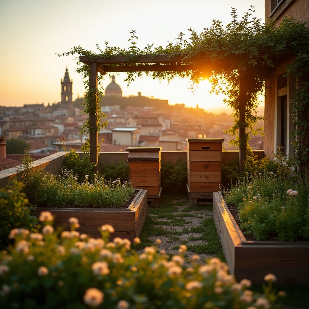 Giardino pensile su tetto di edificio storico italiano con arnie e flora mediterranea